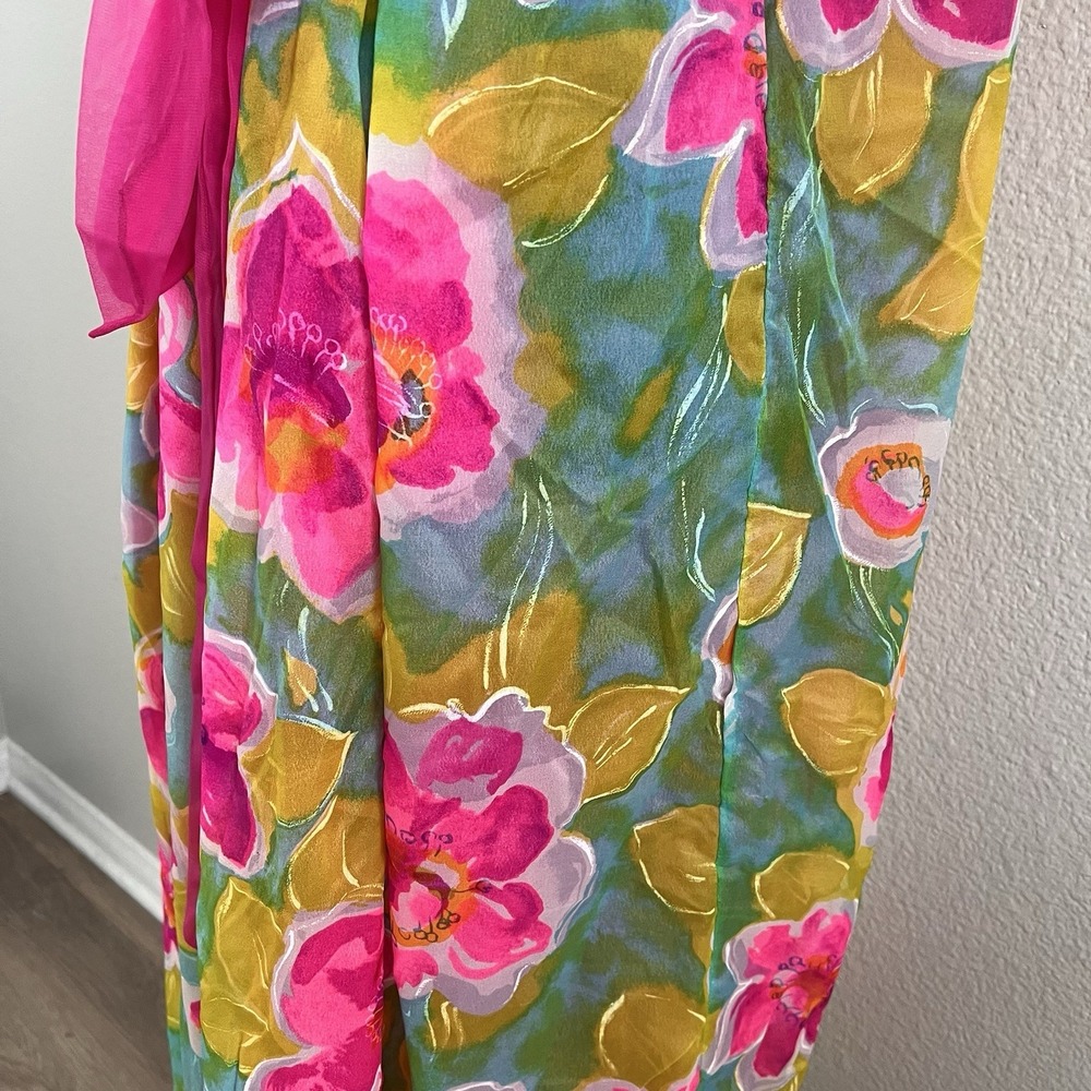 Vintage Jenelle of California Gown Belted Ruffles Floral Lined Colorful Nylon - Picture 9 of 14